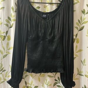 GAP Smocked-Waist Satin Top in Black — Size M (Tall) like new